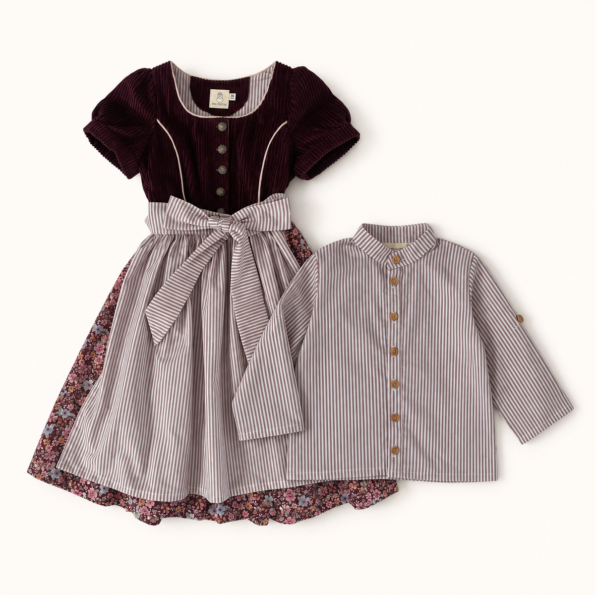 Geschwister Set Annie und Franz mit Dirndl und gestreiftem Trachtenhemd in Mauve und Weiß
