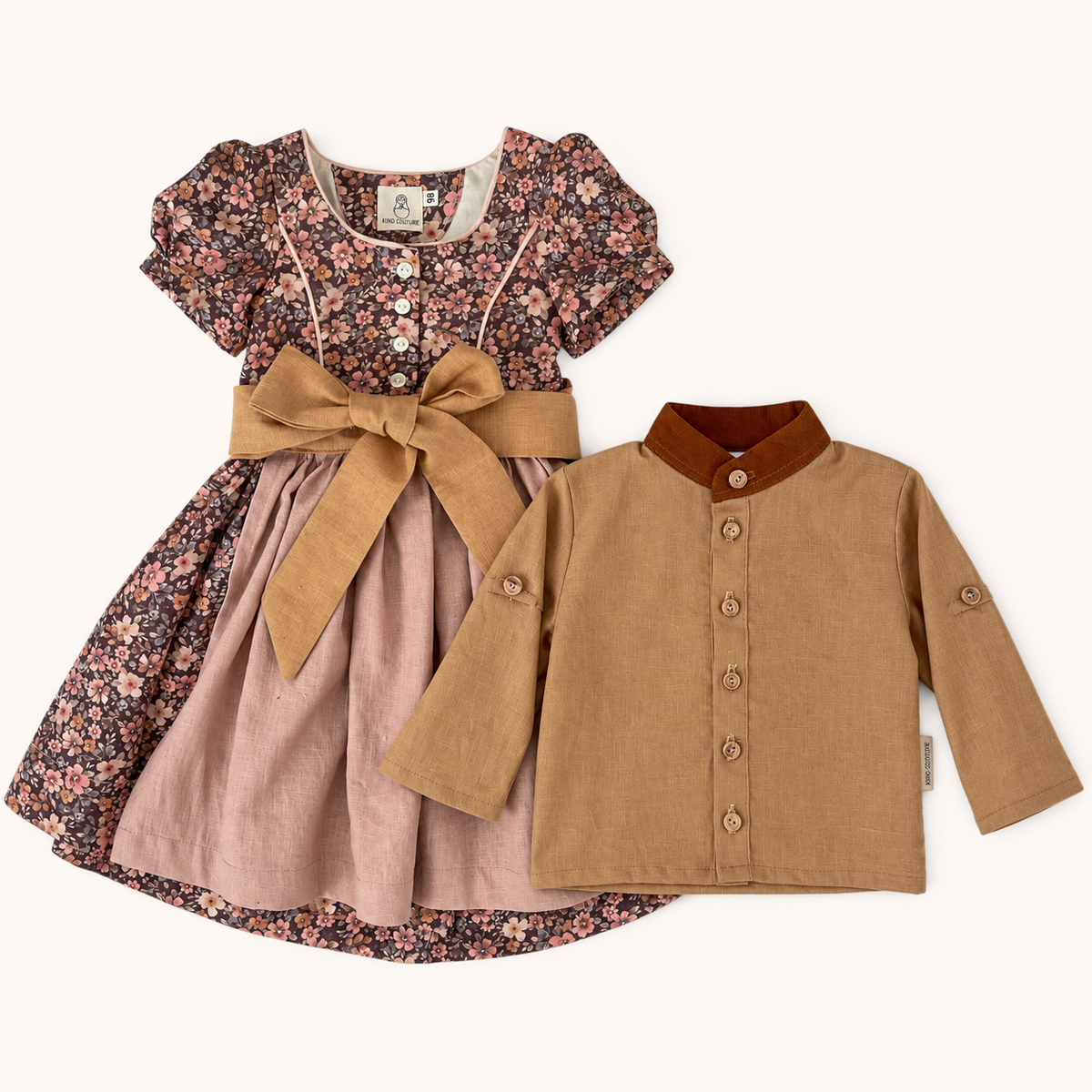 Geschwister Set Lotte und Leopold mit geblümtem Dirndl und camelfarbenem Trachtenhemd