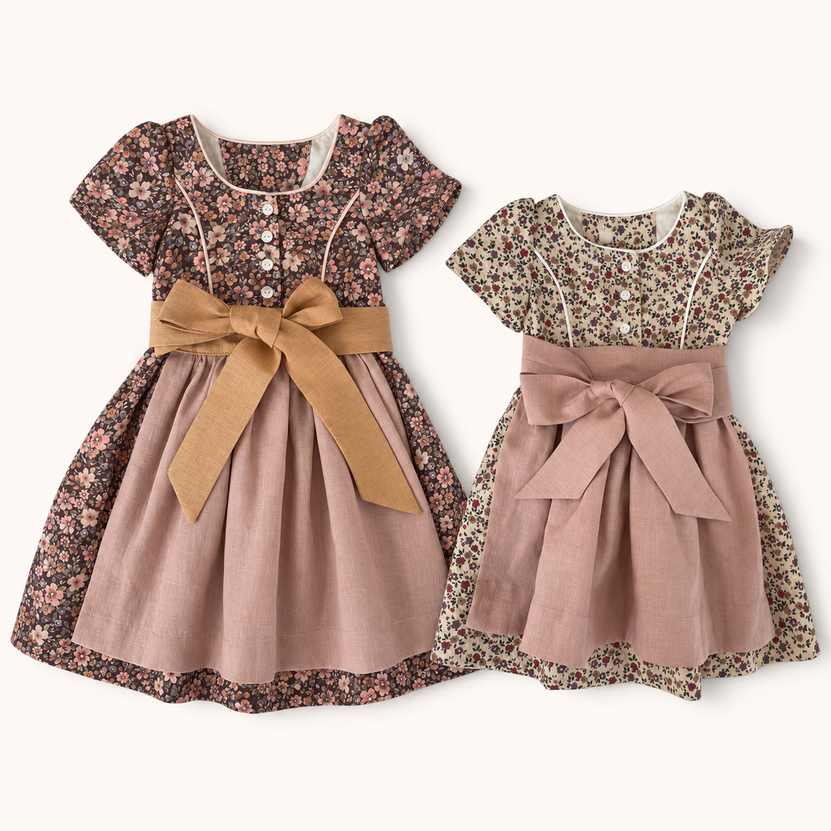 Schwestern Set Marie und Lotte mit zwei floralen Dirndl und Leinenschürzen in Altrosa und Rosé