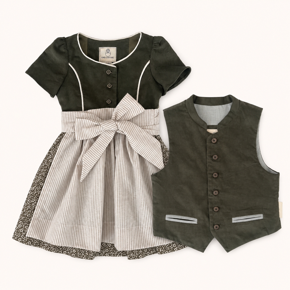 Geschwister Set Grete und Hansi mit olivgrünem Dirndl und passender Trachtenweste